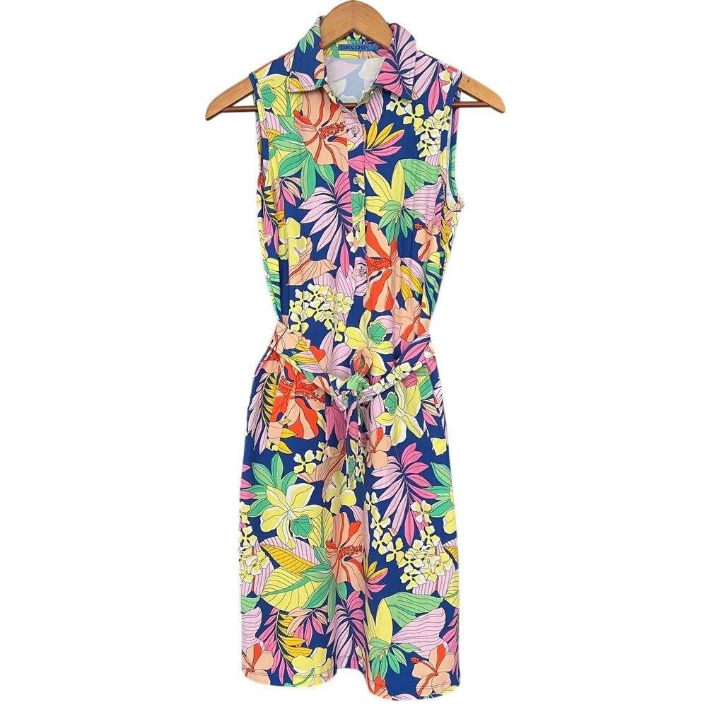 NWT J. McLaughlin Dolly Blue/Multi Hibiscus Floral Sleeveless Shirt Dress Small